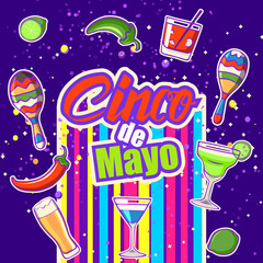 Cinco de Mayo celebration in Mexico, design element. Poster with objects for Cinco de Mayo: cocktail, pepper, tequila, lime, maraca.