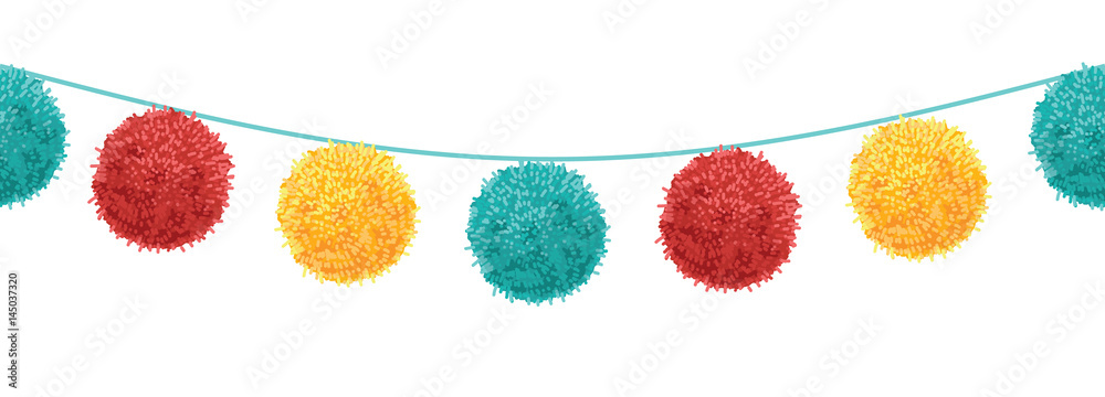Wall mural vector colorful vibrant birthday party pompoms set on strings horizontal seamless repeat border patt - Wall murals