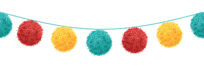 Vector Colorful Vibrant Birthday Party Pompoms Set On Strings Horizontal Seamless Repeat Border Pattern. Great for handmade cards, invitations, wallpaper, packaging, nursery designs.