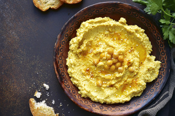Homemade traditional lebanese chickpea hummus.Top view .