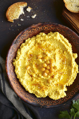 Homemade traditional lebanese chickpea hummus.Top view .