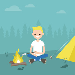 Camping in forest. Young character roasting marshmallows on fire / flat editable vector illustration, clip art