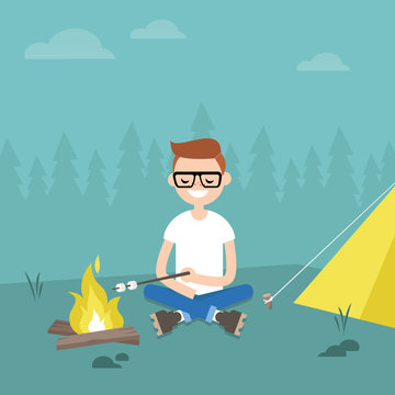 Camping in forest. Young character roasting marshmallows on fire / flat editable vector illustration, clip art