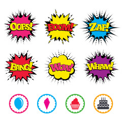 Birthday party icons. Cake with ice cream symbol.