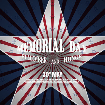 Memorial Day vector poster with convex text, cutout in the shape of a star and shadow on the gradient gray background with red rays and stars.