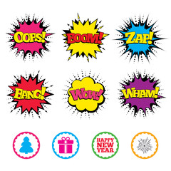 Happy new year sign. Christmas tree and gift box.