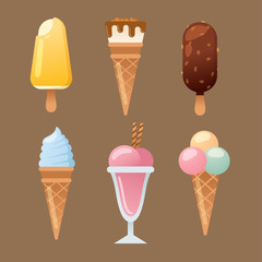 Set ice cartoon colorful cream dessert vector illustration chocolate food sweet cold isolated icon snack cone tasty fruit frozen candy collection