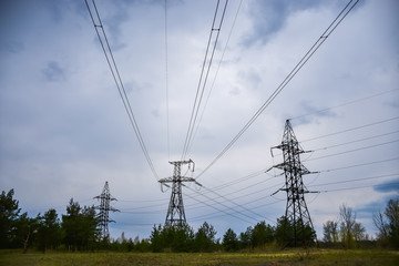High-voltage supports stand in the middle of a coniferous forest.