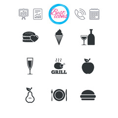 Fototapeta na wymiar Food, drink icons. Alcohol and burger signs.