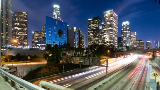 Downtown Los Angeles and freeway traffic Time lapse.