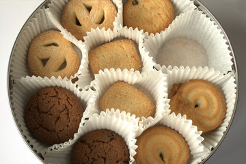 Danish butter cookies in open biscuit tin