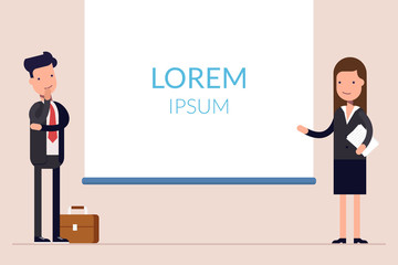 Business man and woman or managers stand near the presentation display. Demonstration at a meeting or seminar. Blank screen. Flat character isolated on background.