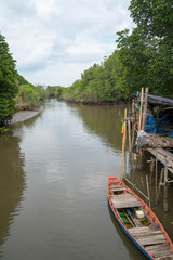 Obraz premium Wide angle view of a wooden boat and dock on the river of a mangrove forest ecosystem. Rayong province, Thailand. Nature and ecology concept.