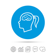 Head with brain sign icon. Female woman head.