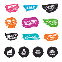 Natural Bio food icons. Halal and Kosher signs.