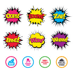 Natural Bio food icons. Halal and Kosher signs.
