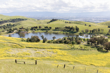 Sandy Wool Lake and Santa Clara Valley at Springtime. Ed R. Levin County Park, Milpitas, Santa...