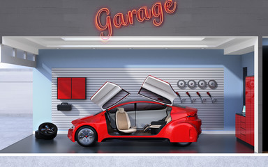 Side view of stylish garage interior. Red car opened the door and the front seat turned to backward. 3D rendering image.