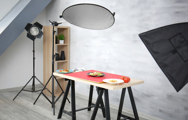 Interior of professional photo studio while shooting food