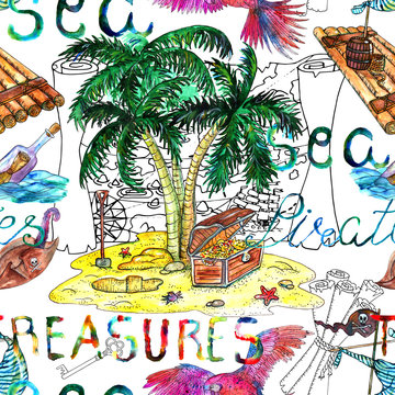 Seamless background with treasure island concept on white. Watercolor illustration.