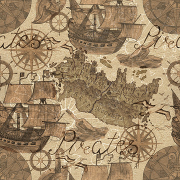 Seamless background with old ships and pirate map elements in sepia tone. Watercolor illustration.