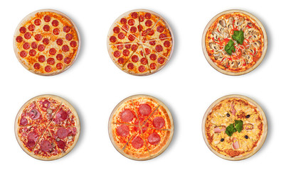 Sechs verschiedene Pizza-Sets für das Menü. Traditionelle italienische Küche. Fleischpizza mit Mozzarella, Salami, Würstchen, Peperoni und Schinken.