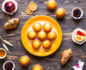Delicious homemade muffins with yogurt, on a wooden background with space for text.