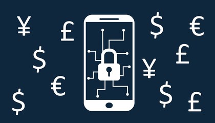 Security concept: Lock of folder on the smartphone screen and a symbol of monetery currency. Illustration of ransomware