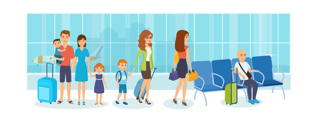Fototapeta premium People in tourist trip, in waiting room at the airport.