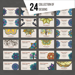 Naklejka premium Set of vector design templates. Business card with floral circle ornament. Mandala style.