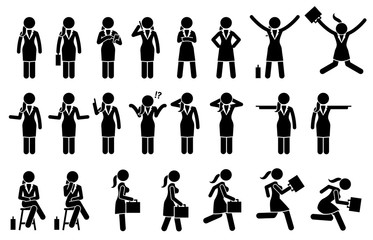 Businesswoman Standing, Walking, Running and Sitting Poses and Postures. Artworks depict various business woman actions such as jump, using phone, pointing, thinking, talking, walk, and run.