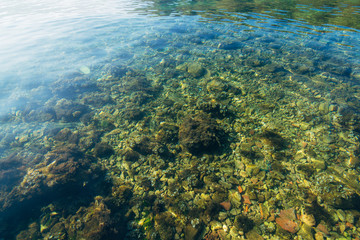 Naklejka na ściany i meble Texture of water. Transparent azure sea water of the Adriatic Sea.
