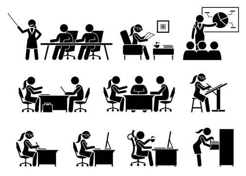 Businesswoman Working in an Office. Artworks depict business woman works by doing presentation, reading, making business proposal, discussion, writing, and using computer. 