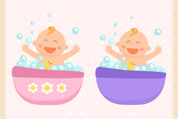 Happy baby girl and baby boy bath. Flat design.