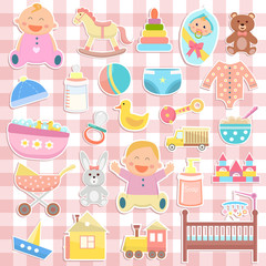 Cute baby icons stickers on checkered background