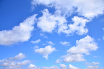 Fototapeta na wymiar A photo of a bright and shiny blue sky with fluffy and dense white clouds