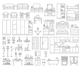 Vector icons set of house interior furniture. Collection in thin linear style. elements of kitchen, bathroom, bedroom, wardrobe and living room table, office desk and chair, lamp, sofa and bed.