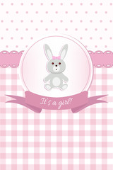 Baby girl shower or arrival card with a rabbit toy. Flat design