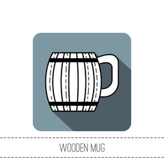 Wooden mug for beer, drinks. Black and white flat icon with shadow on a substrate