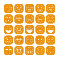 White linear flat icons of emoticons on orange background. Smile with a beard, different emotions, moods.