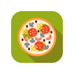 Pizza with mushrooms, tomatoes, sausage and cheese. Flat color icon of fast food. Vector