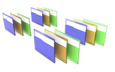 3d illustration 3d rendering, business concept, business document management, data processing, multi-colored translucent plastic folder with sheets of documents within