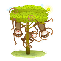Naklejki  Śmieszne małpy przyjaciele na drzewie kreskówka zwierząt w dzikiej przyrodzie