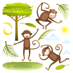 Funny Monkeys friends with tree leaves sun clouds lawn clip art collection