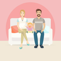 Obraz premium Happy family of three people sitting on sofa. Flat design