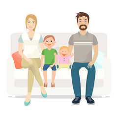 Happy family of three people sitting on sofa. Flat design