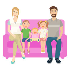 Happy family of five  people sitting on sofa. Flat design