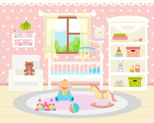 Baby room interior. Flat design. Baby room with  toys, cot,  armchair and rug