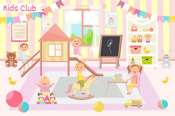 Kindergarten vector illustration. Kids club. Flat design. Children's activity in the play room. Playing, education.