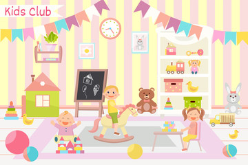 Kindergarten vector illustration. Kids club. Flat design. Children's activity in the play room. Playing, education.